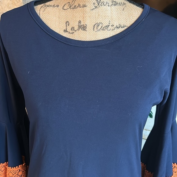 Judith March navy straight line dress 3/4 orange crochet bell sleeves lined boho - Picture 2 of 16